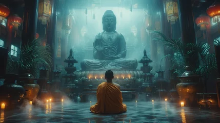 Poster Buddhist monks engaging near serene Buddha statue. Harmony and Serenity Concept. Generative AI. © Peachaya