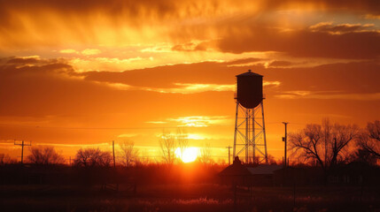 A small towns water tower stands out against the golden sky its silhouette illuminated by the last rays of sunlight. - obrazy, fototapety, plakaty