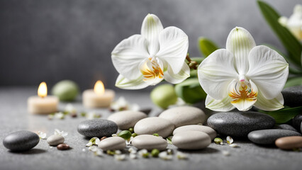 Fototapeta na wymiar Serenity SpA White Orchid and Spa Stones on Grey Background