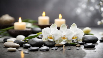 White Orchid and Spa Stones on Grey Background