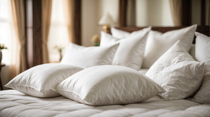 Fototapeta na wymiar Close-Up of White Pillows on Bed - Editorial Photography
