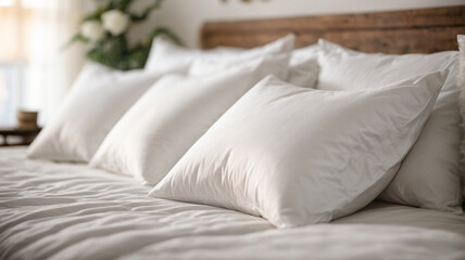 Fototapeta na wymiar Cozy Comfort: Close-Up of White Pillows on Bed - Editorial Photography