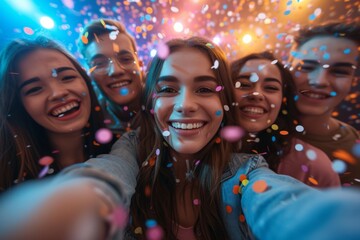 Friends share a moment of pure joy, taking a selfie on a party amidst a colorful shower of confetti, with bright lights - obrazy, fototapety, plakaty