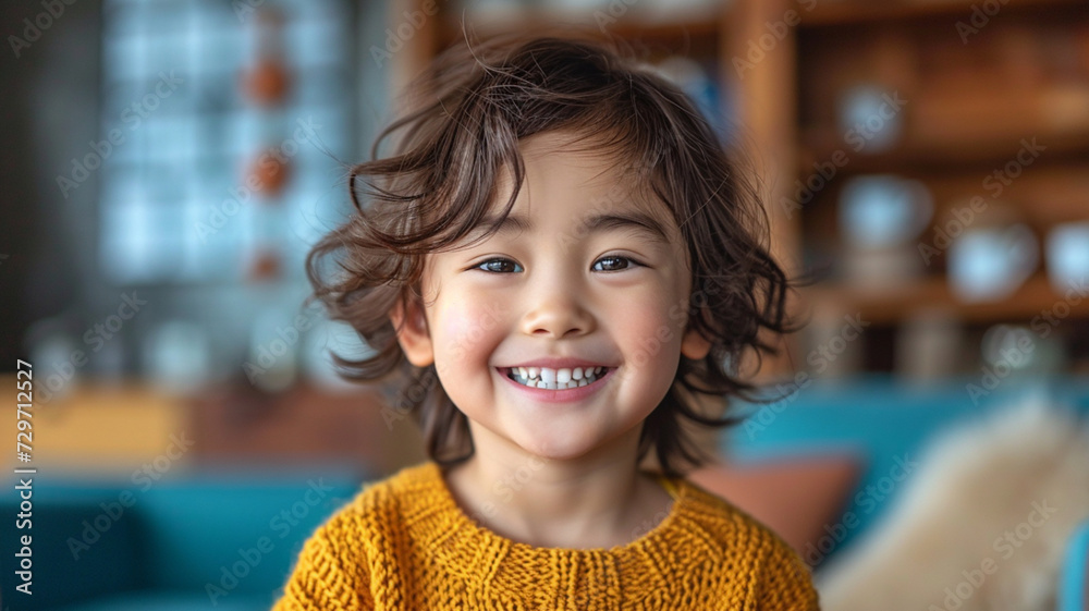 Wall mural studio portrait of cute young asian boy smiling in a cardigan sweater