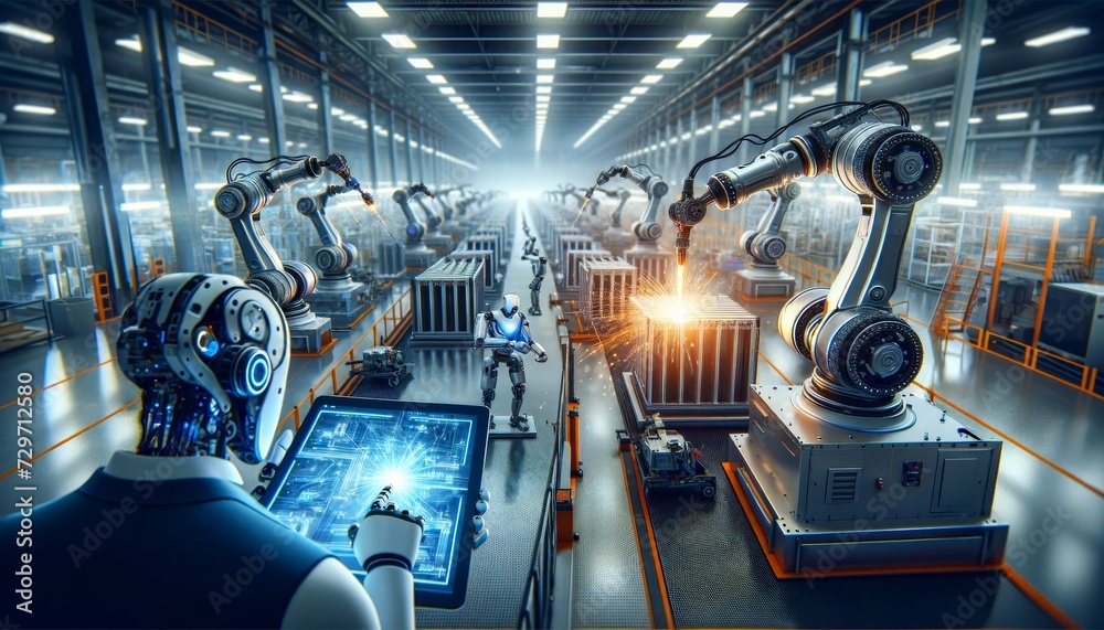 Aufkleber a futuristic concept where robots replace humans working in the automotive industry