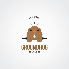 Happy Groundhog Day design with cute groundhog. Vector Illustration. A small, adorable groundhog with fluffy brown fur and bright black eyes. He's playfully peeking out of his burrow. flat style.
