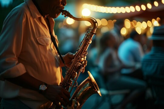 A jazz musician playing a saxophone on a small stage, intimate crowd around in a summer night setting, focused lighting on the musician with a dark background, 