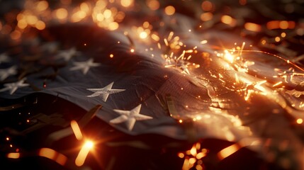 A close up of the American Flag at night with fireworks around it and copy space.  - obrazy, fototapety, plakaty
