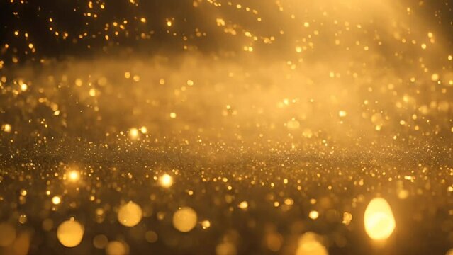 gold particles abstract background with shining golden floor particle stars dust. Futuristic glittering fly movement flickering loop in space on black background
