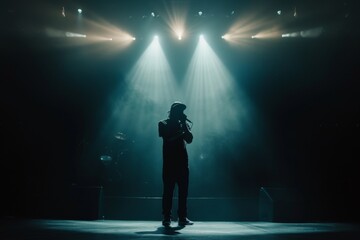 A rapper with dynamic poses, mic in hand, on a minimalist stage setup, stark contrast with intense spotlights and shadow play, 