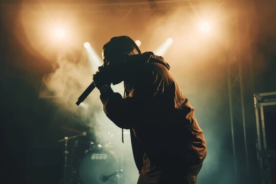 A rapper with dynamic poses, mic in hand, on a minimalist stage setup, stark contrast with intense spotlights and shadow play