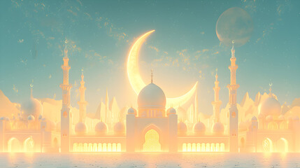 Islamic decoration background with crescent moon mosque, lantern cartoon style, for Ramadan Kareem, Mawlid, iftar, Isra Miraj, Eid al-Fitr, and Eid al-Adha celebrations.