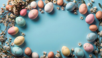 Easter atmosphere concept, Top view photo of Colorful hand painted Easter eggs with lovely wild flowers on pastel blue background with copyspace in the middle