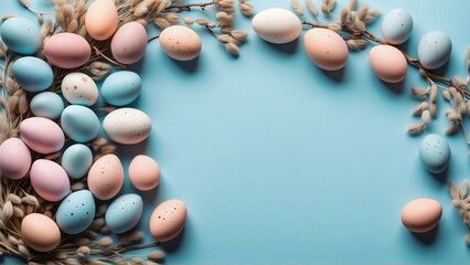Top view photo of  nice Easter eggs with pussy willow branches on pastel blue background with empty space in the middle