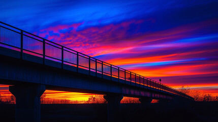 A vibrant multicolored sunset sets the sky ablaze behind a backlit bridge creating a truly mesmerizing sight.