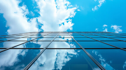 Fototapeta premium looking up the side of a skyscraper blue sky and clouds reflecting off windows