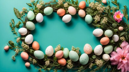 Top view photo of Colorful pastel Easter eggs with lovely wild flowers wreath isolated on light green background with empty space in the middle