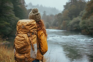 Relaxed female hiker with large backpack standing by the stream, copy space.