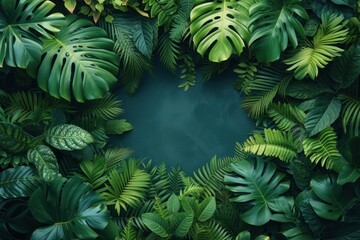Tropical forest background, jungle background with border made of tropical leaves with empty space - obrazy, fototapety, plakaty