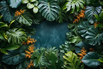 Tropical forest background, jungle background with border made of tropical leaves with empty space