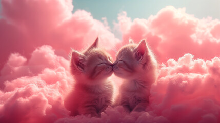 Cute cuddly kittens kiss In a fluffy pink cloud. Adorable and cuddle tiny baby cats. Tender love concept for valentines day cards. Lovable poster with kitty. Valentine romance idea, copy space - obrazy, fototapety, plakaty