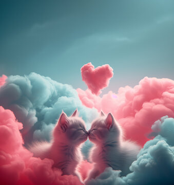 Cute cuddly kittens kiss In a fluffy pink azure cloud with heart. Adorable and cuddle tiny baby cats. Tender love concept for valentines day cards. Lovable poster with kitty. Valentine romance idea