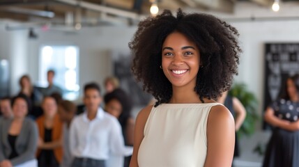 Beautiful African American Young Woman tech startup CEO standing in front of her team