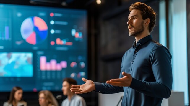 CEO of a tech startup talking about the future of AI to a boardroom of young peers