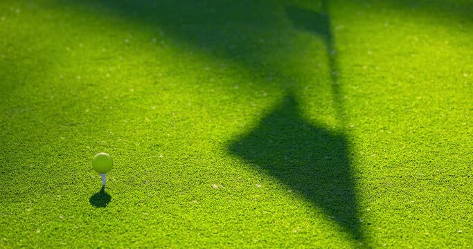 Golf ball on tee near hole and flag on green golf course grass and sun light 