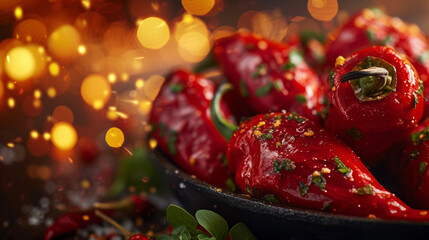 Deeply roasted red peppers glistening with oil and seasoned with fragrant herbs add a burst of warmth and flavor to any dish.