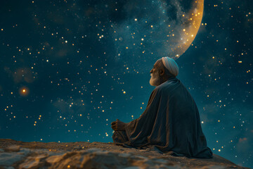 An old Muslim man is praying on a starry night with a crescent moon. The image represents the concept of Ramadan. - obrazy, fototapety, plakaty