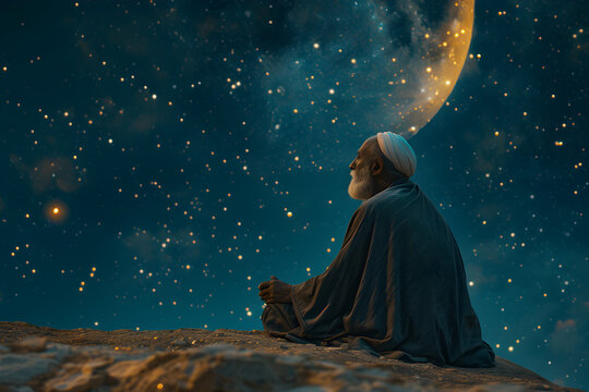 An old Muslim man is praying on a starry night with a crescent moon. The image represents the concept of Ramadan.
