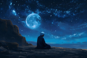 Muslim old man praying on a starry night with a crescent moon, depicting Ramadan concept and spirituality.