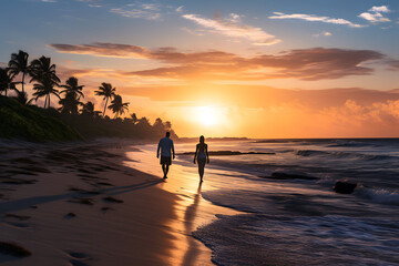 silhouette of a romantic couple walking together along the ocean coast. family relationships and friendship between a man and a woman
