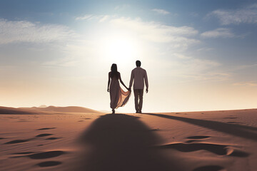 silhouette of a romantic couple walking along the desert sand. family relationships and friendship between a man and a woman - obrazy, fototapety, plakaty