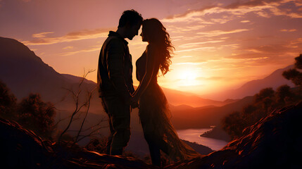 silhouette of a romantic couple in the mountains, family relationships and friendship between a man and a woman