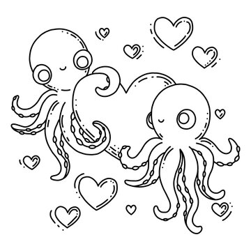 Cute octopuses in love with hearts. Kawaii character design. Black and white outline vector illustration. Colouring page for kids.