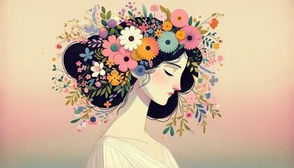 A whimsical, animated art style image depicting a minimalist portrait of Eurydice with flowers in her hair, symbolizing her connection to nature.