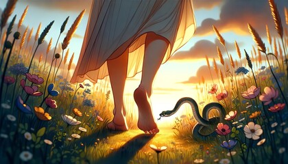 A whimsical, animated art style image capturing the moment Eurydice's feet as she steps backward into a snake that's about to bite her.