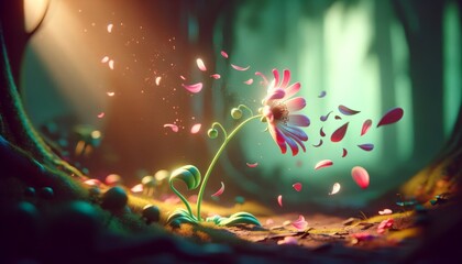 A whimsical, animated art style image depicting a single flower wilting, symbolizing Eurydice's tragic fate.