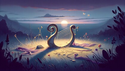 A whimsical, animated art style image of Orpheus's lyre lying on the ground, strings broken, symbolizing his loss. - obrazy, fototapety, plakaty