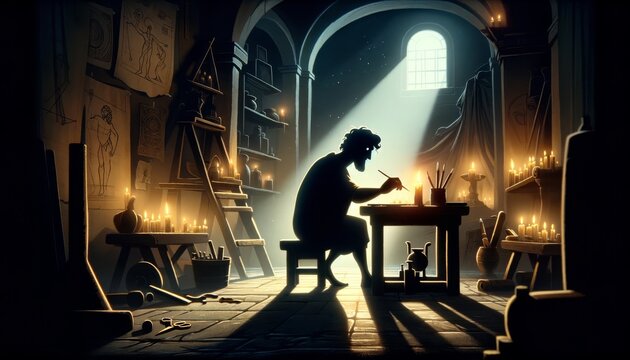 An image of the shadow of Daedalus working late into the night, depicted in a whimsical animated art style.
