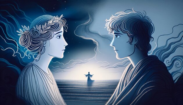 A whimsical, animated art style image capturing a simple drawing of the moment Orpheus and Eurydice look at each other for the last time.
