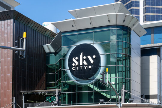 Auckland, New Zealand - January 30, 2024: Skycity logo sign on the building in Auckland, New Zealand. Skycity Auckland is an entertainment complex and casino. 