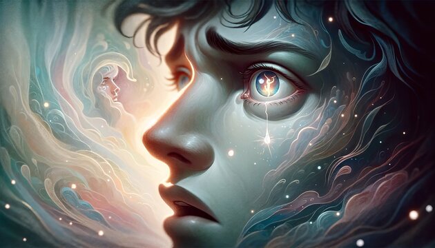 A whimsical, animated art style image of a single tear falling from Orpheus's eye as he realizes Eurydice must return to the Underworld.