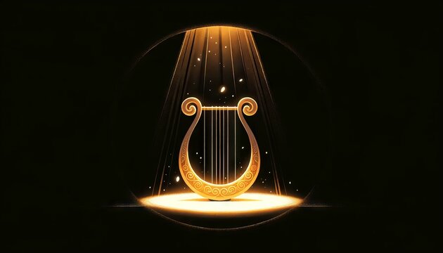 A whimsical, animated art style image of Orpheus's lyre surrounded by complete darkness, representing his despair after losing Eurydice again.