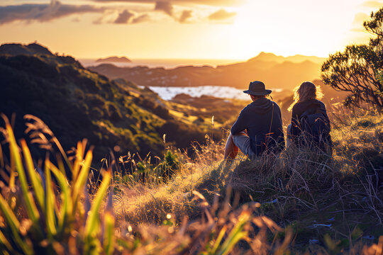 Silhouette Of A Romantic Couple Sitting In Nature And Watching The Sunset