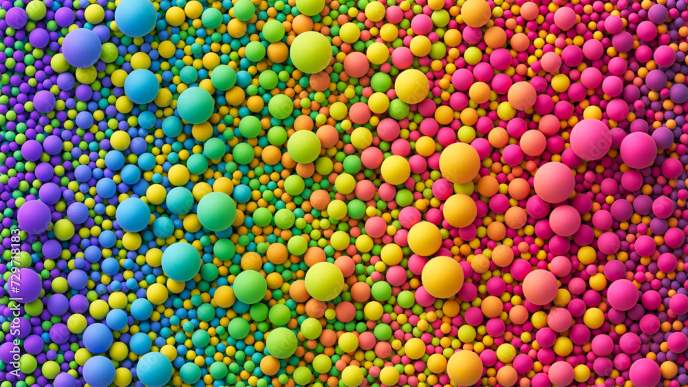 Wall mural Many rainbow gradient random bright soft balls background. Colorful balls background for kids zone or children's playroom. Top view of huge pile of colorful balls in different sizes. Vector background