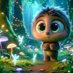 Naklejka premium A whimsical animated character, in a medium shot, set in a vibrant, magical forest.