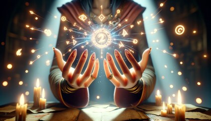 An image in a whimsical animated style showing a close-up of Medea's hands casting a spell with glowing runes. - obrazy, fototapety, plakaty